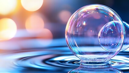 Poster - Transparent soap bubble resting on rippling water surface with soft bokeh lights in background creating dreamy atmospheric effect. Perfect for wellness and tranquility themes.