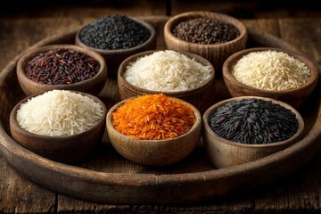 Poster - Variety of colorful rice and seeds displayed in wooden bowls on rustic table