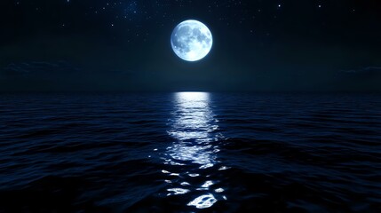 Poster - Full moon rising over dark ocean waters creating luminous reflection on rippling waves at night, stars twinkling in clear sky. Mystical moonlit seascape.
