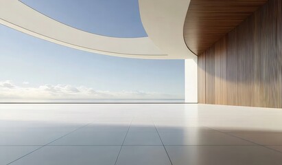 Fototapete - モダンな建築のインテリアデザイン 白い湾曲した壁と木のアクセントが特徴的なエレガントな空間