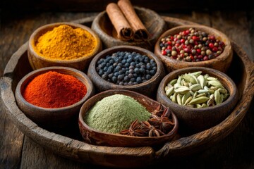 Aufkleber - Various spices displayed in wooden bowls on rustic background showcasing vibrant colors and textures in culinary setting