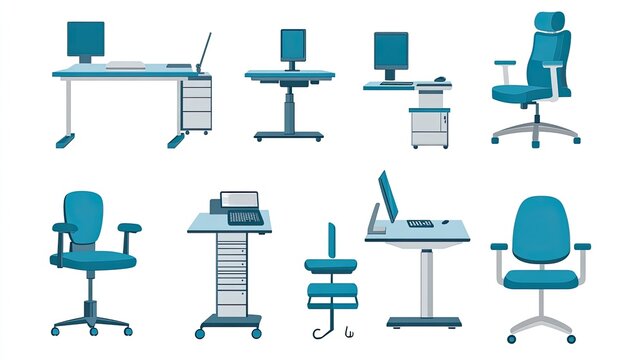 Collection of Isolated Office Furniture: Desks, Chairs, and Workstations in Blue Tones