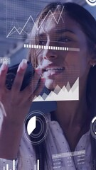 Poster - Animation of data processing over businesswoman using smartphone in airport