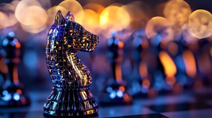 Poster - Glass chess knight piece with blue and golden bokeh lights creating magical atmosphere. Strategic game piece on dark background with blurred reflections.
