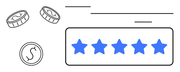 Poster - Blue five-star rating with floating coins suggesting customer feedback, ratings, rewards, and financial growth. Ideal for e-commerce, customer satisfaction, quality improvement, online reviews