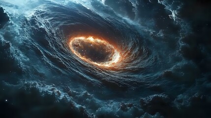 Poster - Cosmic spiral formation with glowing orange energy ring surrounded by swirling dark blue nebula clouds in deep space, creating dramatic celestial atmosphere.