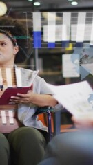 Poster - Animation of financial data processing over diverse creative business people in office