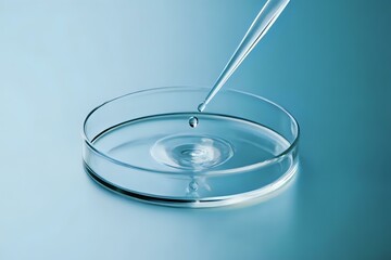 Poster - Clear liquid droplet falling from pipette into glass petri dish creating ripple effect on turquoise background, macro photography for scientific research.