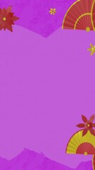 Poster - Red and yellow floral and fan designs animation over purple background