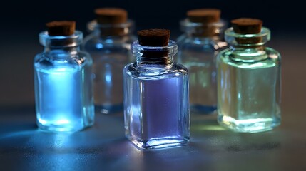 Poster - Glowing magical potion bottles with cork stoppers arranged on dark surface, illuminated with ethereal blue, purple and green light creating mystical atmosphere.