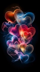 Poster - Glowing hearts made of colorful smoke and light effects on black background create romantic atmosphere for Valentine's Day designs and love themes.