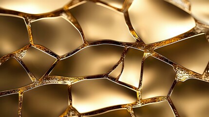 Poster - Shattered golden glass pieces create abstract geometric pattern with sharp edges and metallic reflections, dramatic lighting highlights fracture lines and textures.