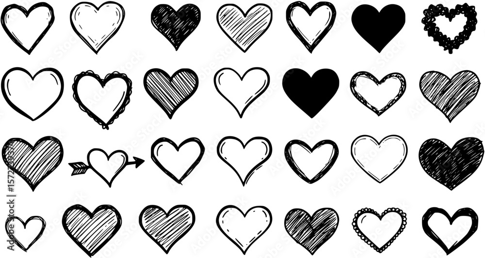 Doodle Hearts shapes icons, Black and white heart clipart, Hand drawn ...
