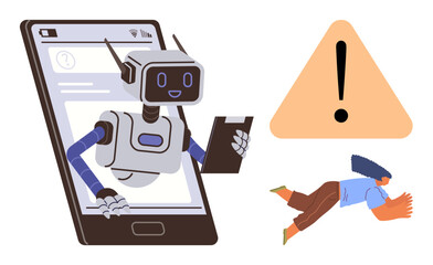 Poster - Robot with clipboard emerging from smartphone, falling person, and warning triangle. Ideal for AI ethics, automation risk, human-machine interaction, safety warnings, technology impact, caution
