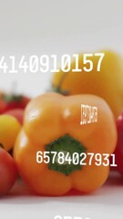Poster - Numbers and data animation over colorful bell peppers and tomatoes