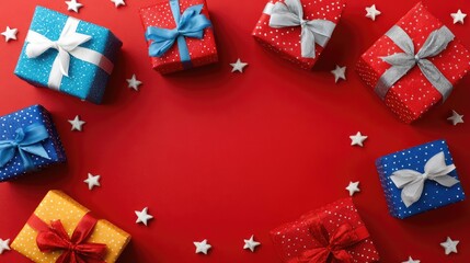 Poster - Bright and colorful wrapped presents peeking from bottom of red background, stars and ribbons scattered around