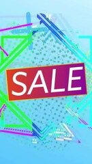 Poster - SALE text animation over colorful geometric shapes on blue background