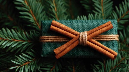 Poster - Close-up of hand-tied rustic Christmas present placed among fir branches and cinnamon sticks, space for message