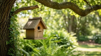 Wooden birdhouse hanging from tree branch in backyard garden landscape with foliage. Nature concept.