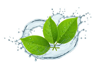 Poster - Three vibrant green leaves are encircled by a dynamic splash of water, symbolizing freshness and purity isolated on transparent background