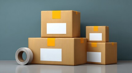 Poster - Delivery service concept with cardboard boxes, packing tape, and shipping labels, space around objects