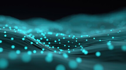 Poster - Digital data flow visualization with particle trails and interconnected dots moving dynamically