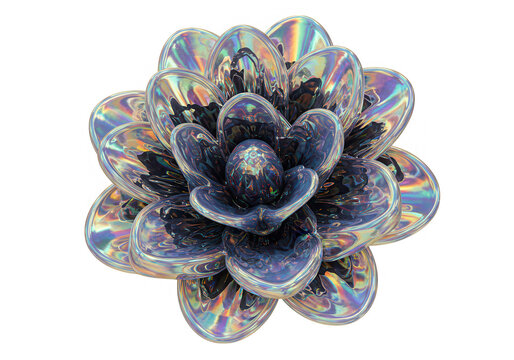 An iridescent glass flower with a shiny surface is isolated on a transparent background