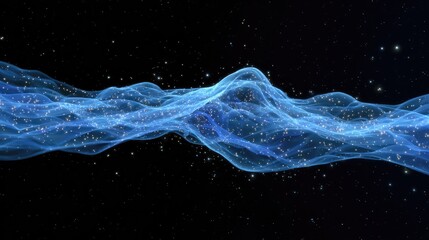Poster - Dynamic flowing digital waveforms with light particles moving horizontally on a black backdrop
