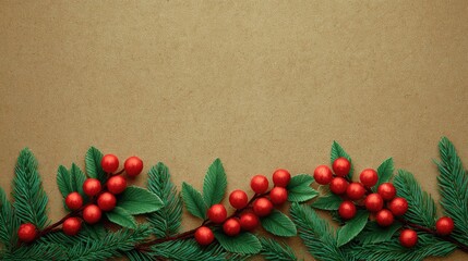 Poster - Festive border of red berries, pine needles, and ornaments on kraft paper background with copy space in center