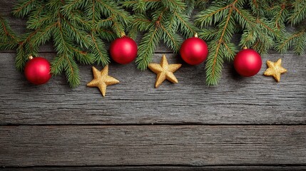 Poster - Festive Christmas background with pine branches, red ornaments, and golden stars on a wooden surface, copy space in center for seasonal designs or holiday messages
