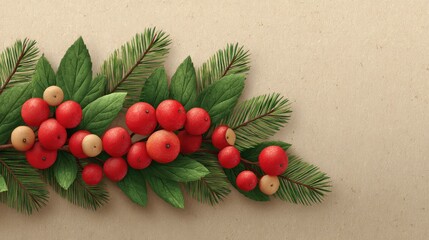 Poster - Festive border of red berries, pine needles, and ornaments on kraft paper background with copy space in center