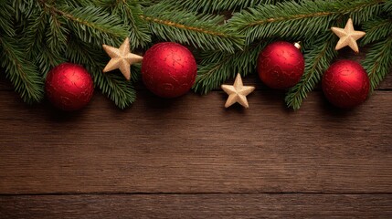Poster - Festive Christmas background with pine branches, red ornaments, and golden stars on a wooden surface, copy space in center for seasonal designs or holiday messages