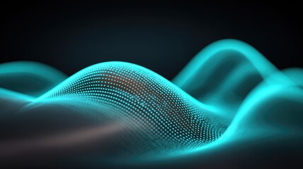 Poster - Flowing D digital wave ribbons glowing with bright cyan light over a dark tech-inspired backdrop