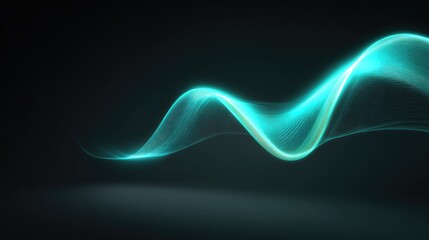 Poster - Flowing D digital wave ribbons glowing with bright cyan light over a dark tech-inspired backdrop