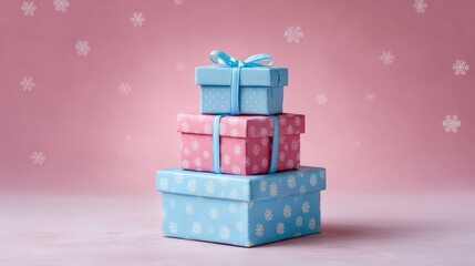 Poster - Gift boxes peeking from the top edge of a pastel pink background with snowflakes, with plenty of copy space below
