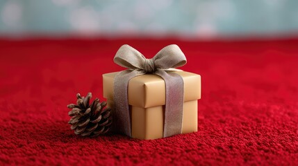 Poster - Gift box laying on red carpet with pinecone and lights nearby, warm mood and clear area above for messages