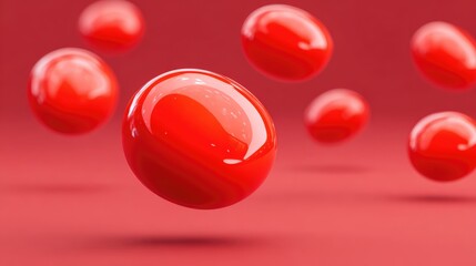Poster - Glossy red D abstract shapes floating across a smooth red background, center left clean