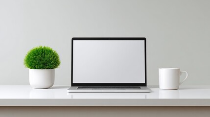 Poster - Home office desk with laptop, plants, coffee mug, and minimal decor, clean background with copy space