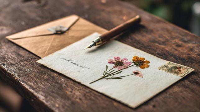 Writing a letter at rustic table, pressed flower inside envelope