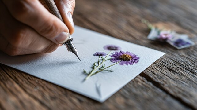 Writing a letter at rustic table, pressed flower inside envelope