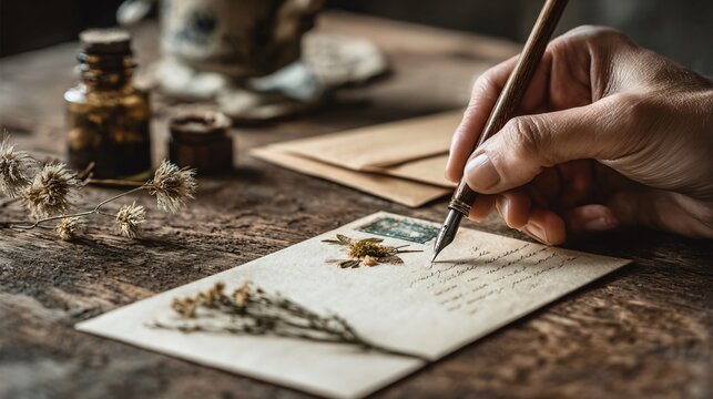 Writing a letter at rustic table, pressed flower inside envelope