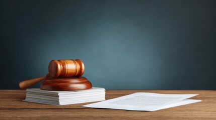 Poster - Legal service theme with gavel, legal books, and contract on wooden surface, space to right