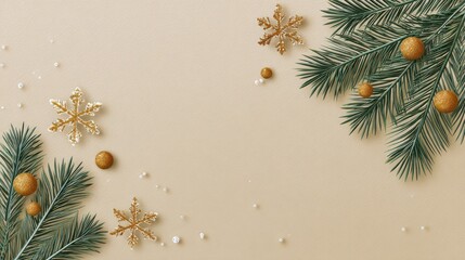 Poster - Light beige background with shiny white snowflakes, scattered golden balls and pine needles, space on right side