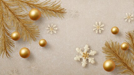 Poster - Light beige background with shiny white snowflakes, scattered golden balls and pine needles, space on right side