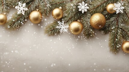 Poster - Light beige background with shiny white snowflakes, scattered golden balls and pine needles, space on right side