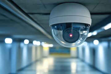 Poster - CCTV security alarm system monitoring a dimly lit corridor in a modern building facility