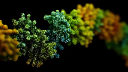 Poster - Microscopic view of a colorful molecular chain rotating slowly against a black background, showcasing the complexity and beauty of scientific visualization