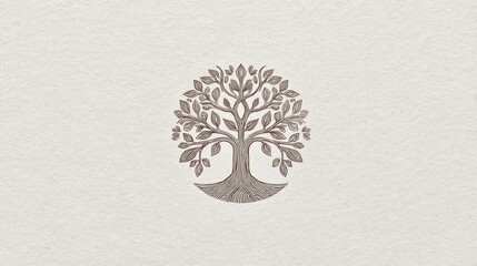 Poster - Modern line-art tree of life design centered on a light neutral background, minimalist layout with copy space