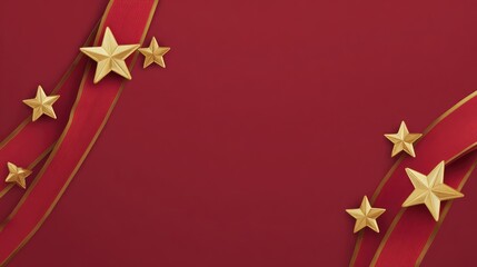 Poster - Rich crimson background with gold Christmas stars and ribbons bordering the edges, middle left for text