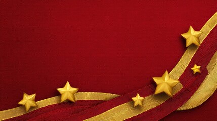 Poster - Rich crimson background with gold Christmas stars and ribbons bordering the edges, middle left for text